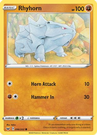 Rhyhorn (096) 96/202 - SWSH01 Sword & Shield Base Set Reverse Holofoil