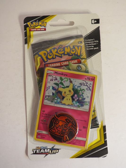Sun & Moon Team Up Pokemon Booster Blister Pack Checklane Mimikyu Promo & Coin