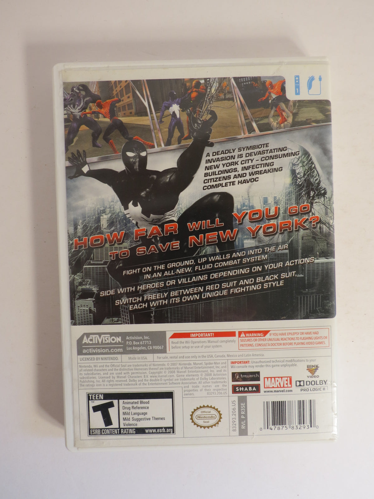 Spider-Man Web of Shadows Nintendo Wii Game CB